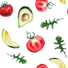 watercolor avocado, rucola and tomats pattern