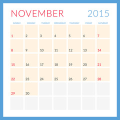 Calendar 2015. November. Week starts Sunday
