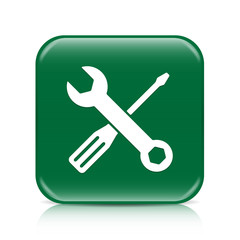 Green screwdriver & spanner button icon with reflection