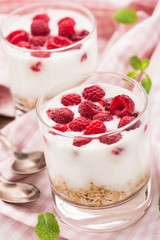 Yogurt with muesli and raspberries