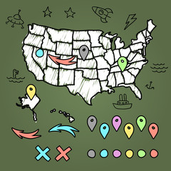 Hand drawn US map on chalkboard vector illustration