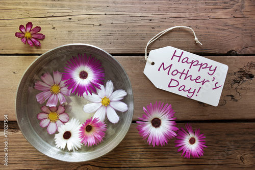 Silver Bowl With Cosmea Blossoms With Text Happy Mothers Day