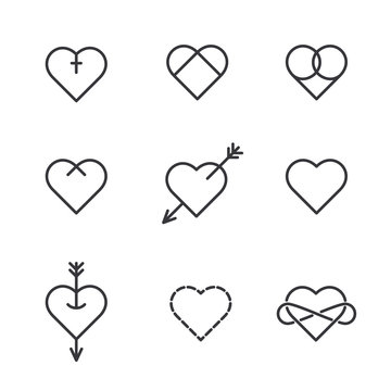 Set of nine lined hearts in tattoo style