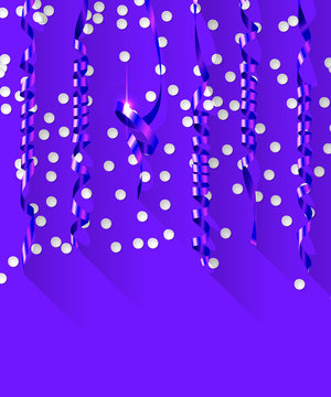 Party Purple Background with Confetti and Streamers. Stock