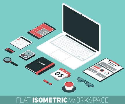 flat isometric design vector illustration of office workspace