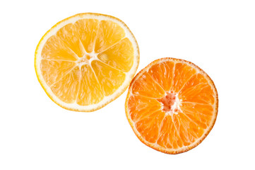 Fototapeta na wymiar Orange tangerine and lemon fruit gears as half slice isolated on