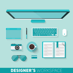 Flat design vector illustration of designers workspace