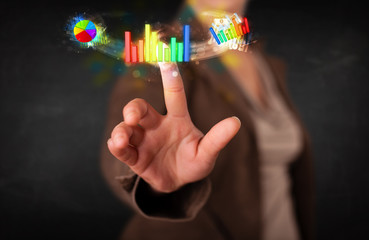 Young businesswoman touching colorful modern graph system concep
