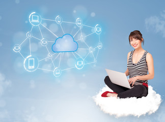 Happy woman sitting on cloud with cloud computing
