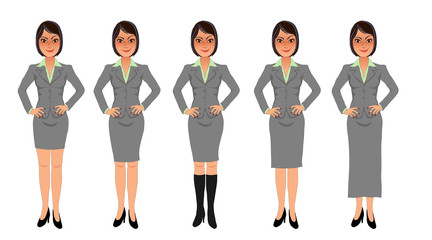 Black-haired business woman grey skirt suit hands on hips