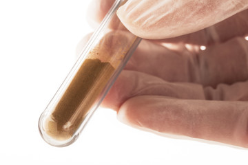 Brown chemical powder in test tube.