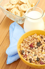 Delicious and healthy cereal in bowl with milk