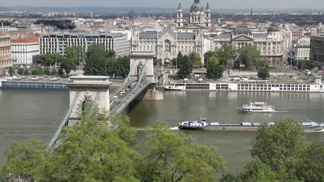 River Danube and chain Secheni Bridge. Budapest, Hungary