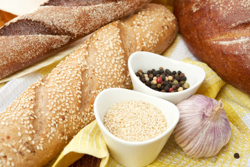 Different bread and bread slices. Food background.