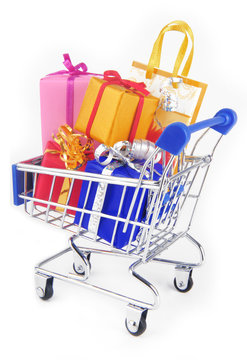shopping trolley with presents gifts  isoalted on white