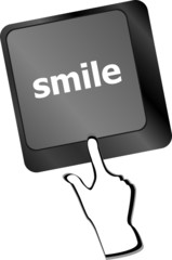 Computer keyboard with smile words on key - business concept