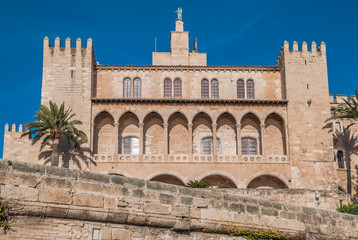 Fototapeta premium Low Angle View of Royal Palace of Almudaina, a Historic Arabian Fort Located in Palma, Mallorca, Spain