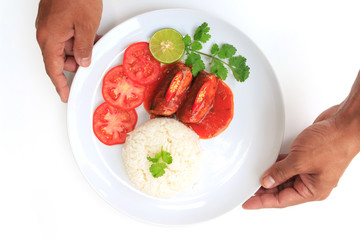 fish mackerel sauce on white background