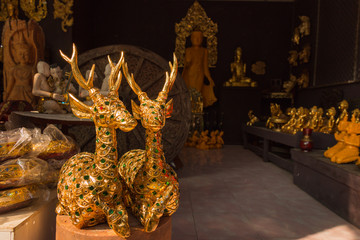 Gilded wood carving deer sculpture at Thai wooden sculpture shop