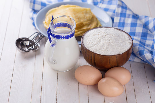 Ingredients for pancakes or crepes.