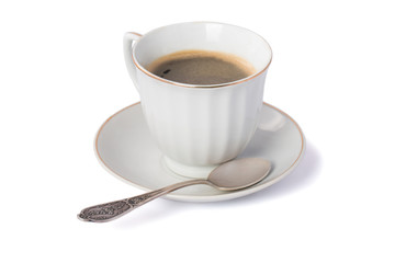 cup of coffee with silver spoon Isolated on white
