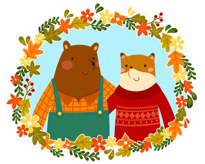 happy bear and fox friends hugging in a floral frame