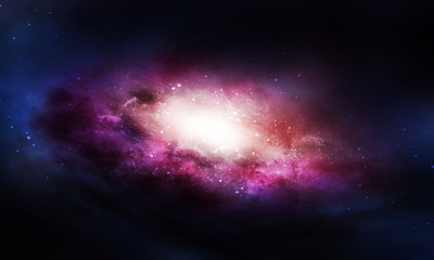 Fototapeta na wymiar Spiral shiny purple galaxy in a dark space.