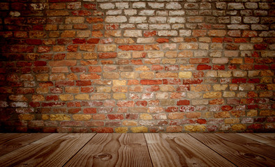 Conceptual old vintage brick wall and wood floor
