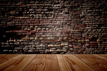 Conceptual old vintage brick wall and wood floor