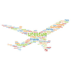 Vector conceptual travel or tourism plane word cloud