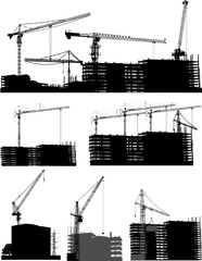set of house buildings and cranes isolated on white