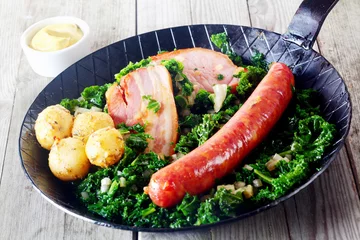 Poster Gourmet German Cuisine on Pan with Mustard on Side © exclusive-design