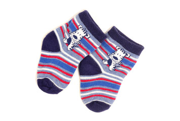 Baby boy socks isolated. Blue socks with stripes and animals.