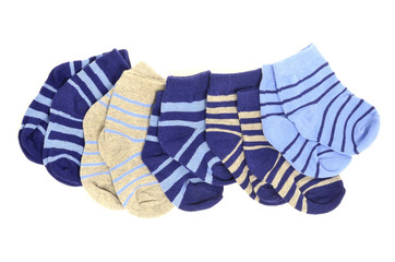 Baby boy socks isolated. Blue socks with stripes in a line.