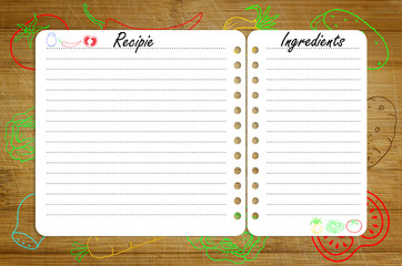 recipe page template on wooden cutting board with vegetables