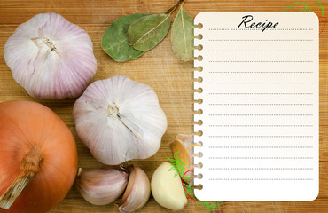 recipe page template on wooden cutting board with vegetables