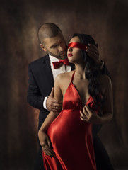 Couple in Love, Sexy Fashion Woman and Man, Girl with Red Band