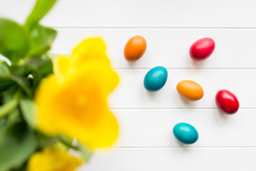 Easter eggs arrangement with copy space on wodden background