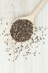 chia seeds in a spoon on wooden surface