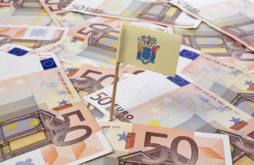 Flag of New Jersey sticking in 50 Euro banknotes.(series)