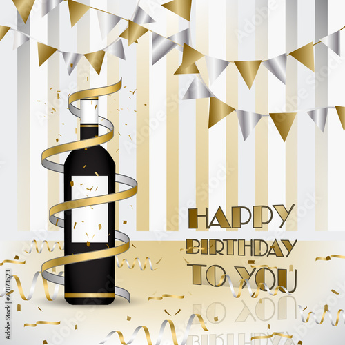 “Happy birthday. Background with bottle of wine and ribbons” Stock