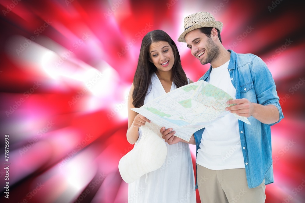 Poster Composite image of happy hipster couple looking at map