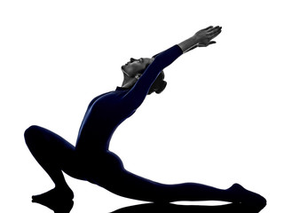 woman exercising Anjaneyasana lunge pose yoga silhouette