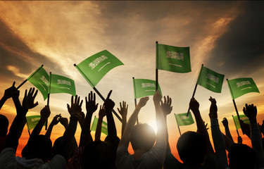 Silhouettes People Holding Flag Saudi Arabia Concept