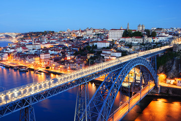 evening Porto Old City, Douro River and Dom Luis Bridge