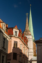 Fototapeta na wymiar Tower of the church building in Riga, Latvia