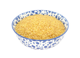 Bulgur wheat in a blue and white china bowl