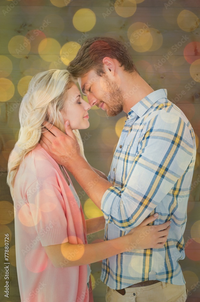 Poster attractive couple smiling at each other and hugging