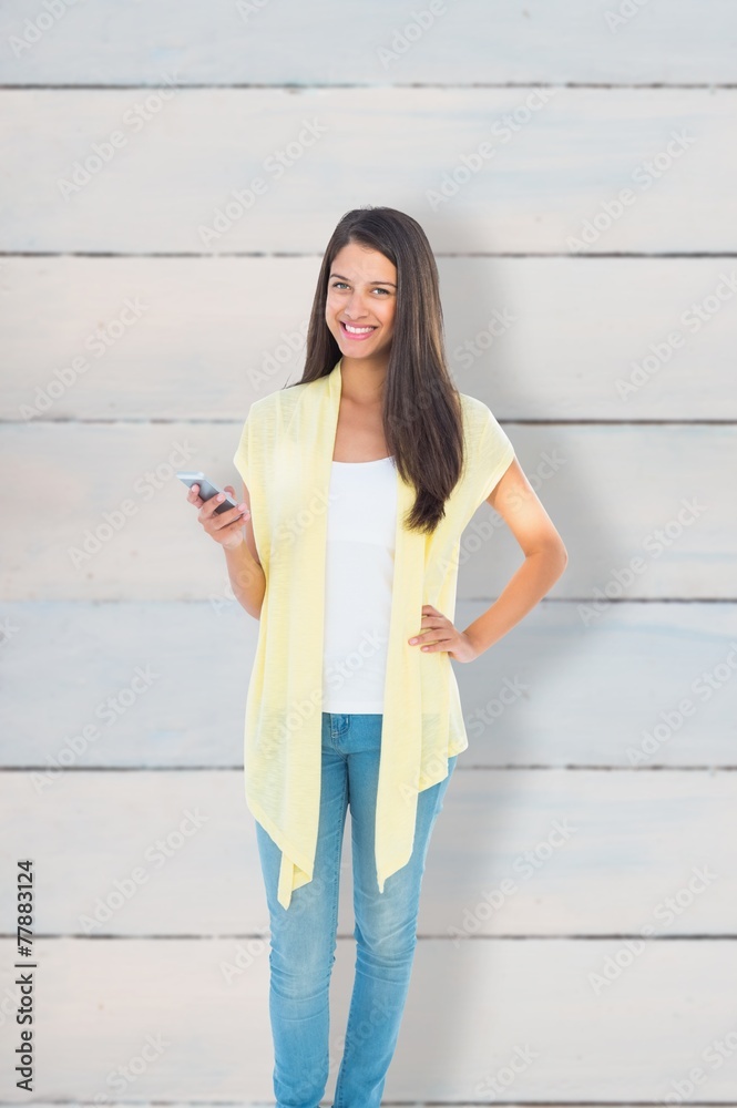 Poster composite image of happy casual woman sending a text