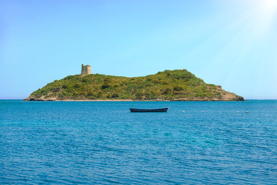 Cozy tropical island surrounded by blue sea